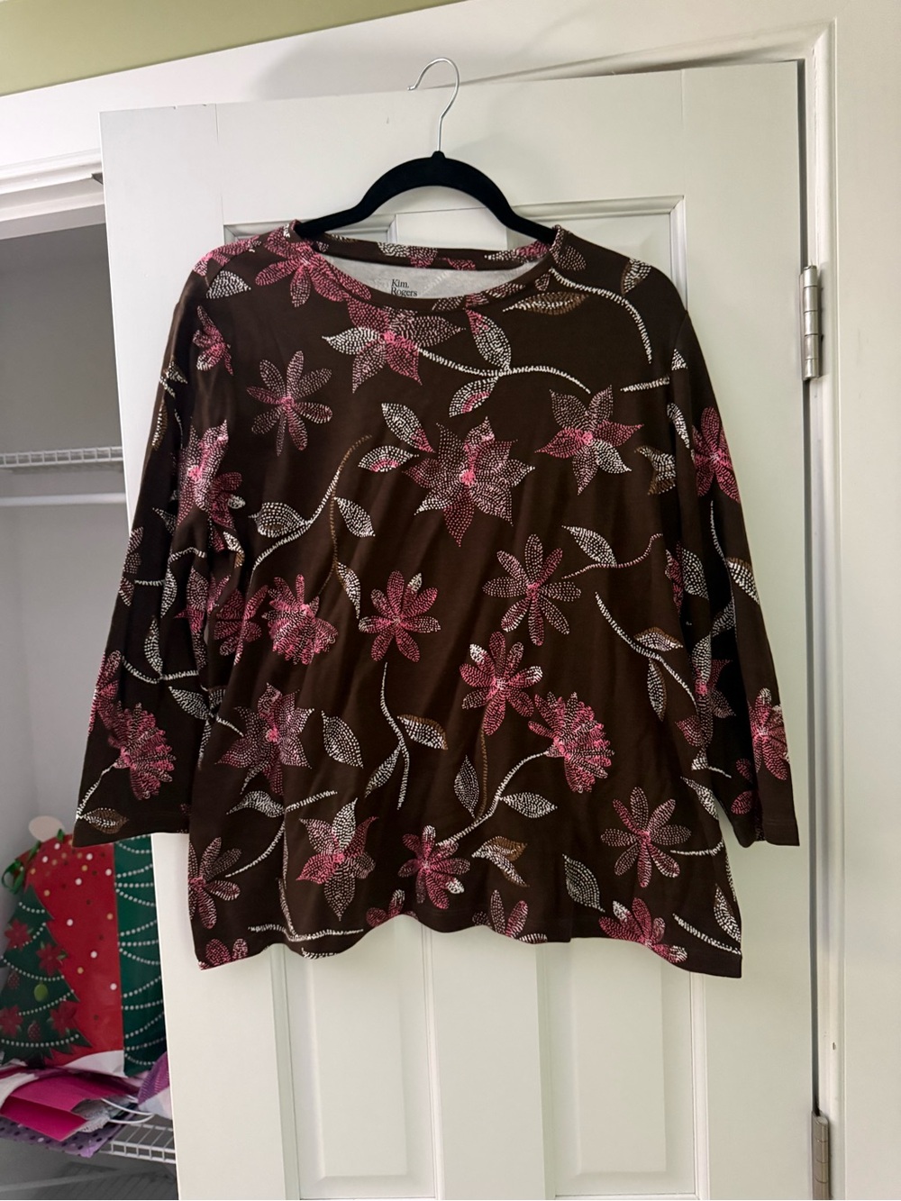 Kim Rogers Brown Long-Sleeve Floral Tee with Pink Accents